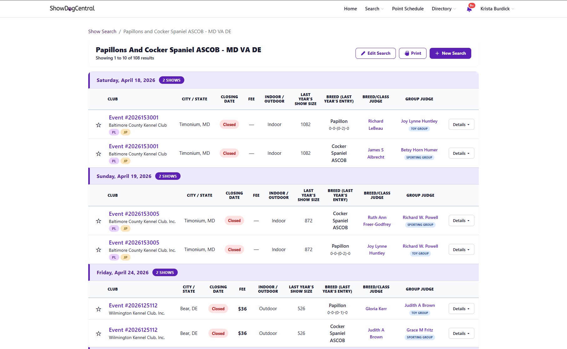 Events search interface